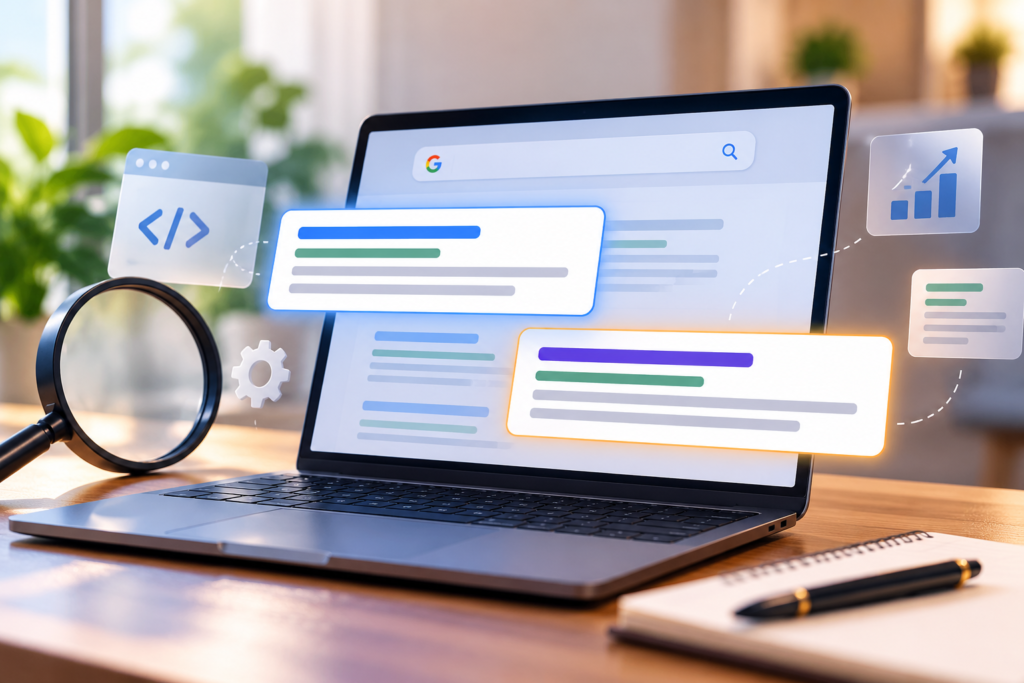 Laptop displaying SEO search results and meta tag optimization with analytics charts and a magnifying glass on a desk.