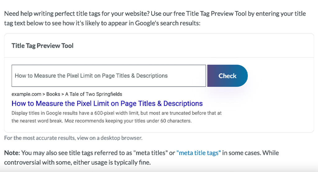 Title Tags and Meta Descriptions: How to Optimize Them for SEO Moz Title Tag Preview Tool 1