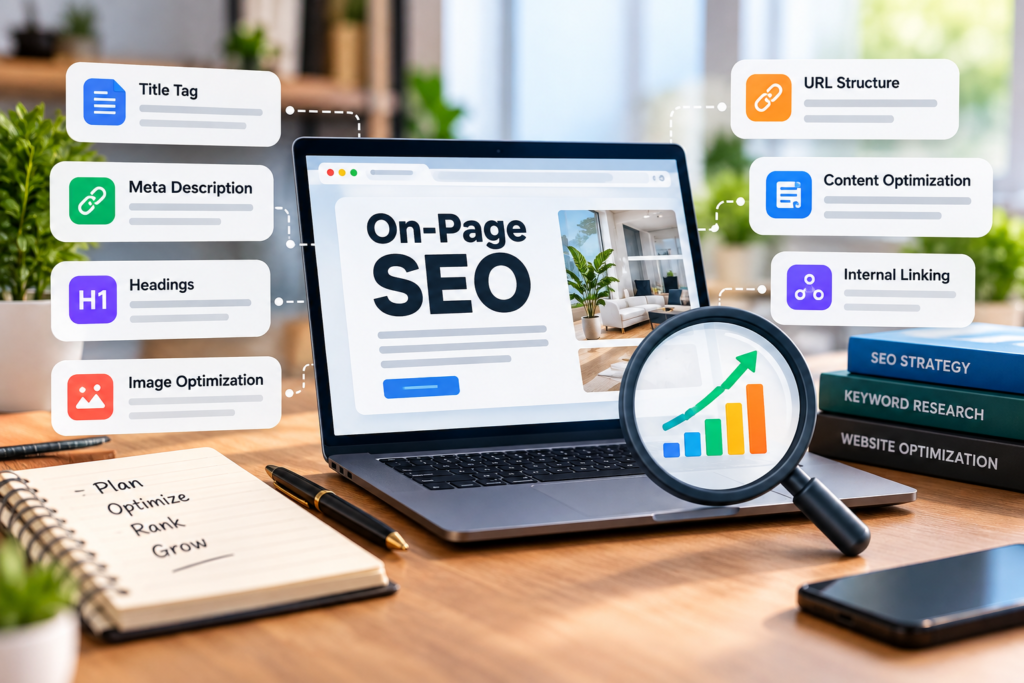 On-page SEO optimization guide with title tags, meta descriptions, headings, and internal linking.