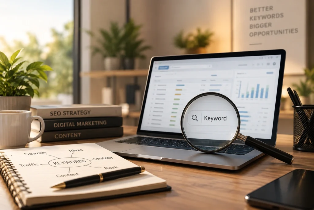 Keyword research for SEO strategy with a laptop analytics dashboard, magnifying glass, and keyword planning notes