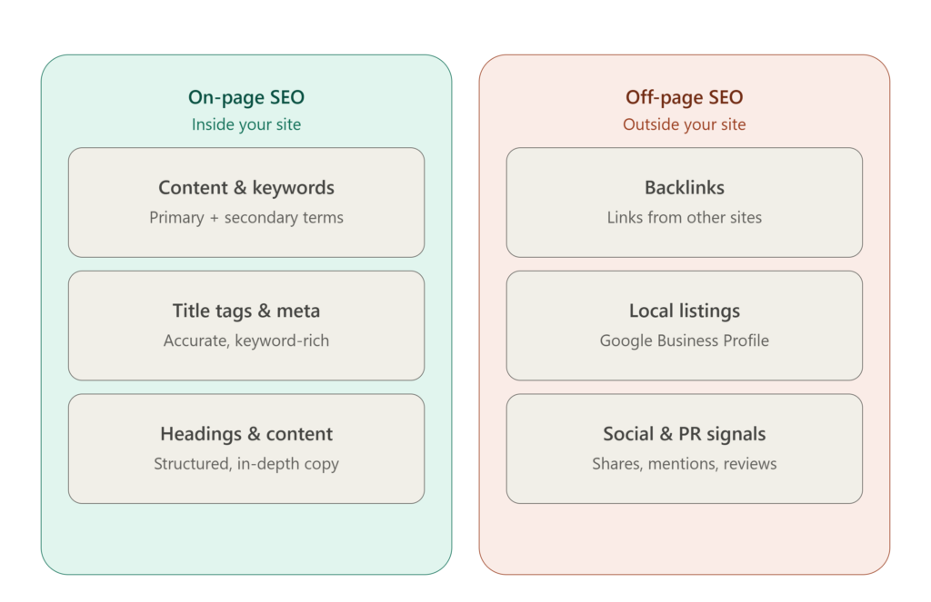 On-Page SEO: A Complete Guide to Optimizing Your Website On-page SEO vs off-page SEO comparison chart for on page seo service