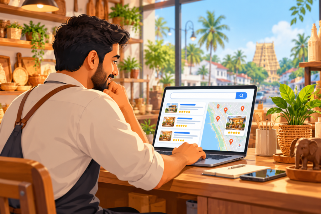 Business owner searching for the best seo service in trivandrum on a laptop
